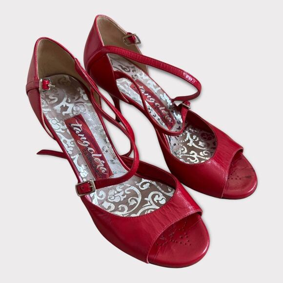 Tangolera Argentine Tango Red Vero Cuoio Italian Leather Strappy Heels- Size 6.5 - Picture 1 of 11